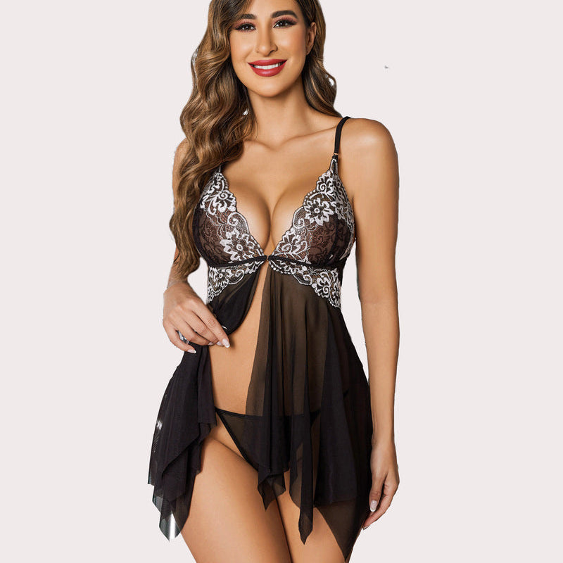 Black lace front closure babydoll nightdress with asymmetrical hem, floral lace detail