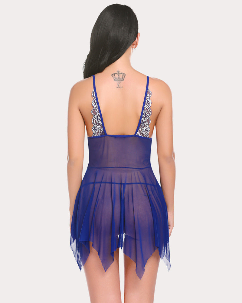 Avidlove blue babydoll lingerie set with lace strap details and asymmetrical hem