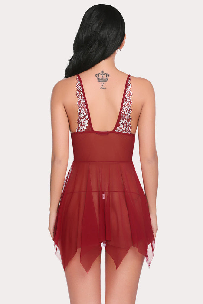 Avidlove burgundy babydoll with lace details, V-neck, and asymmetrical hem, sexy lingerie.