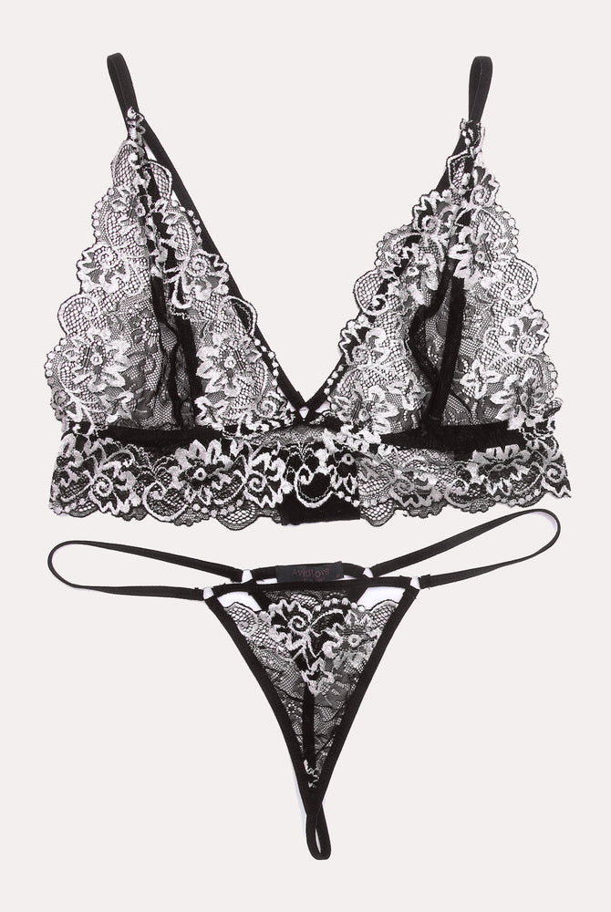 Avidlove black lace bra and panty set with floral details and adjustable straps