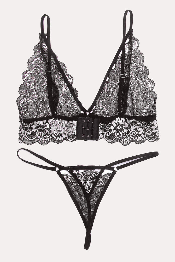 Black lace lingerie set with floral details, V-neck bra and thong panty, adjustable straps, sexy