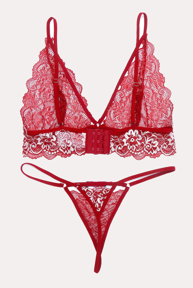 Red lace bra and panty set with white trim, sexy floral design lingerie for women.