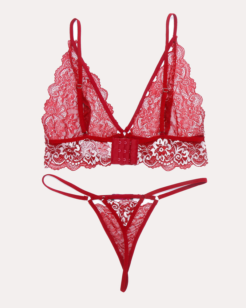 Red lace bra and panty set with white trim, sexy floral design lingerie for women.