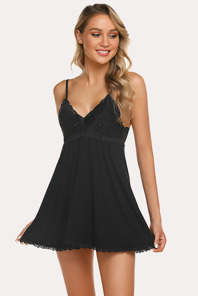 Black V-neck babydoll lounge dress with spaghetti straps and lace, perfect for sleepwear.