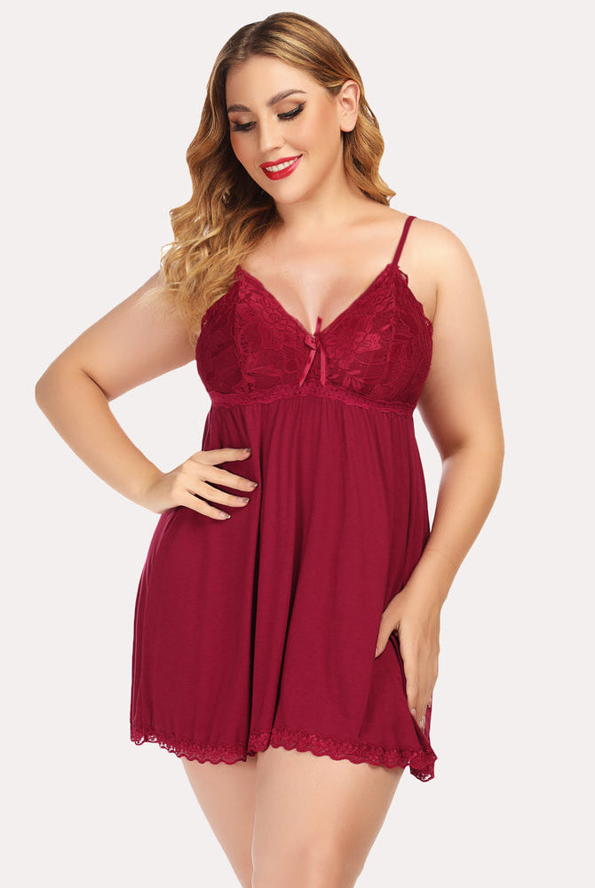 Burgundy V-neck babydoll lounge dress with spaghetti straps and lace patchwork, perfect sleepwear.