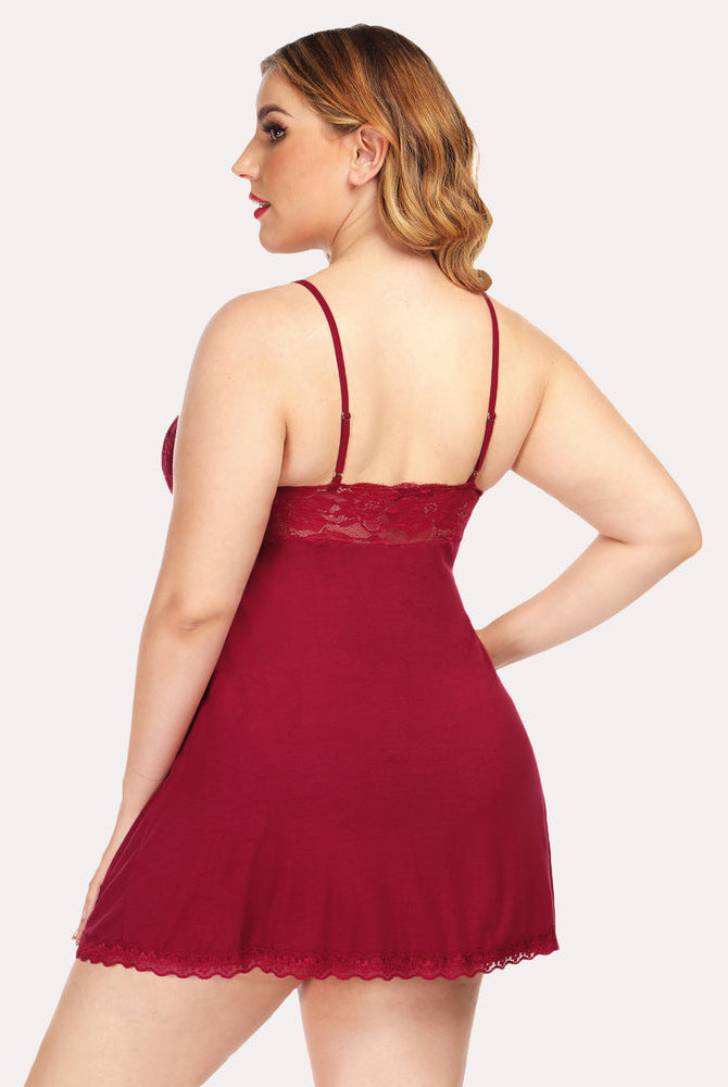 Burgundy V-neck babydoll lingerie with lace patchwork, spaghetti straps, comfortable sleepwear