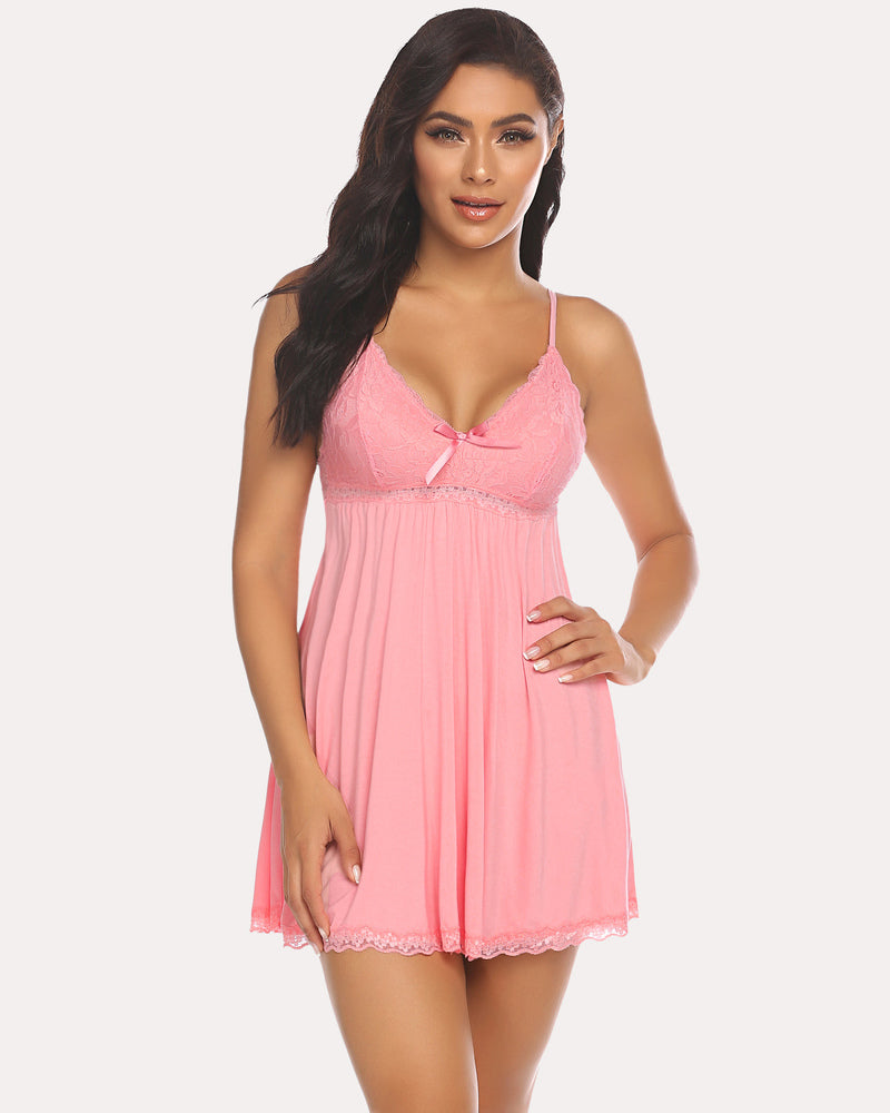 Pink lace babydoll nightgown with V-neck and spaghetti straps. Sexy sleepwear.