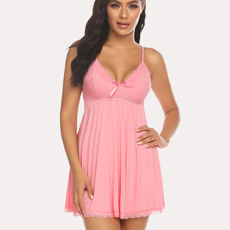 Pink V-neck babydoll lounge dress with spaghetti straps, perfect sleepwear from Avidlove