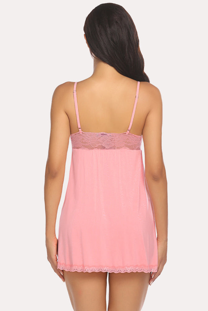 Back view of pink modal babydoll with lace detailing and spaghetti straps for sleepwear