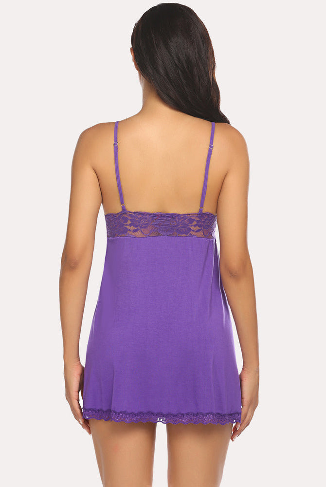 Purple lace V-neck modal babydoll sleepwear with spaghetti straps, mini length, back view