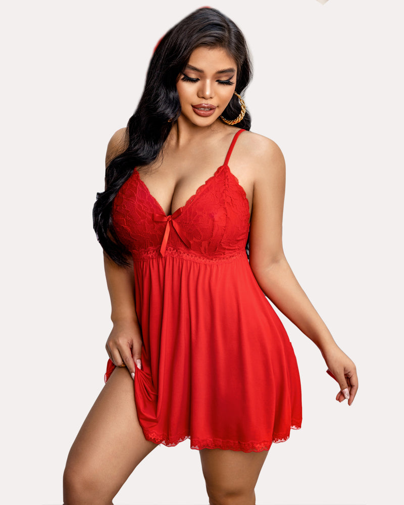 Red lace V-neck babydoll lounge dress with spaghetti straps, mini length, featuring a model