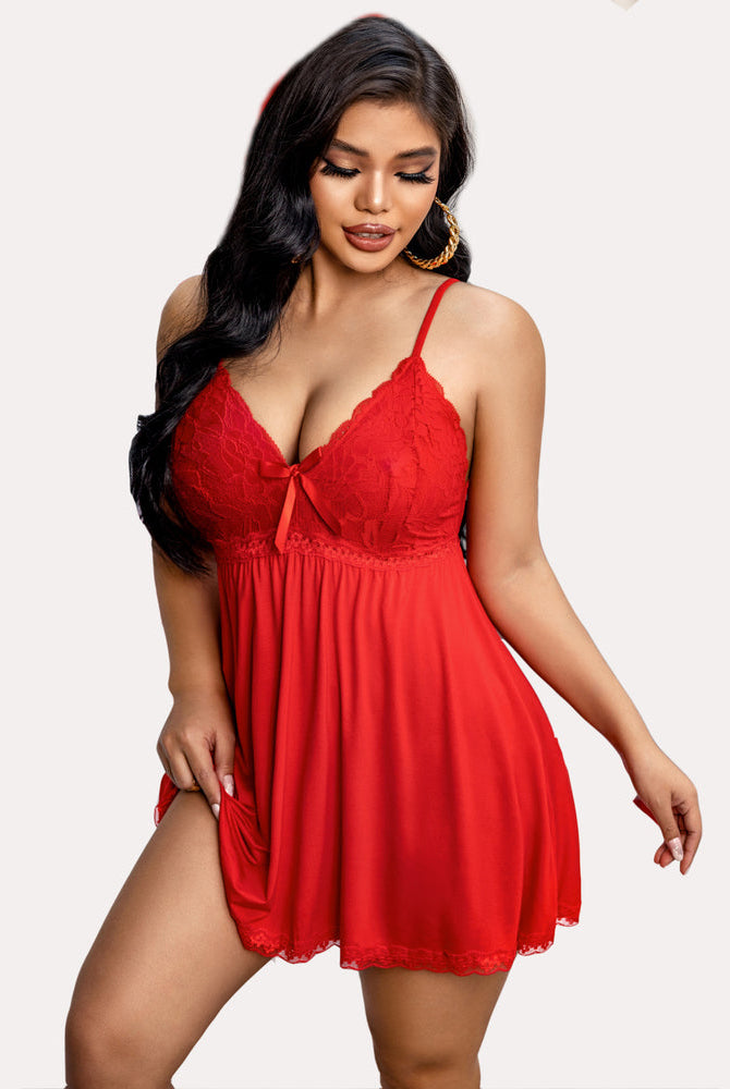 Red V-neck babydoll lounge dress with lace, a woman modeling sleepwear