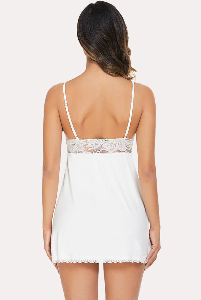 White lace V-neck babydoll lounge dress with spaghetti straps and mini length sleepwear, back view