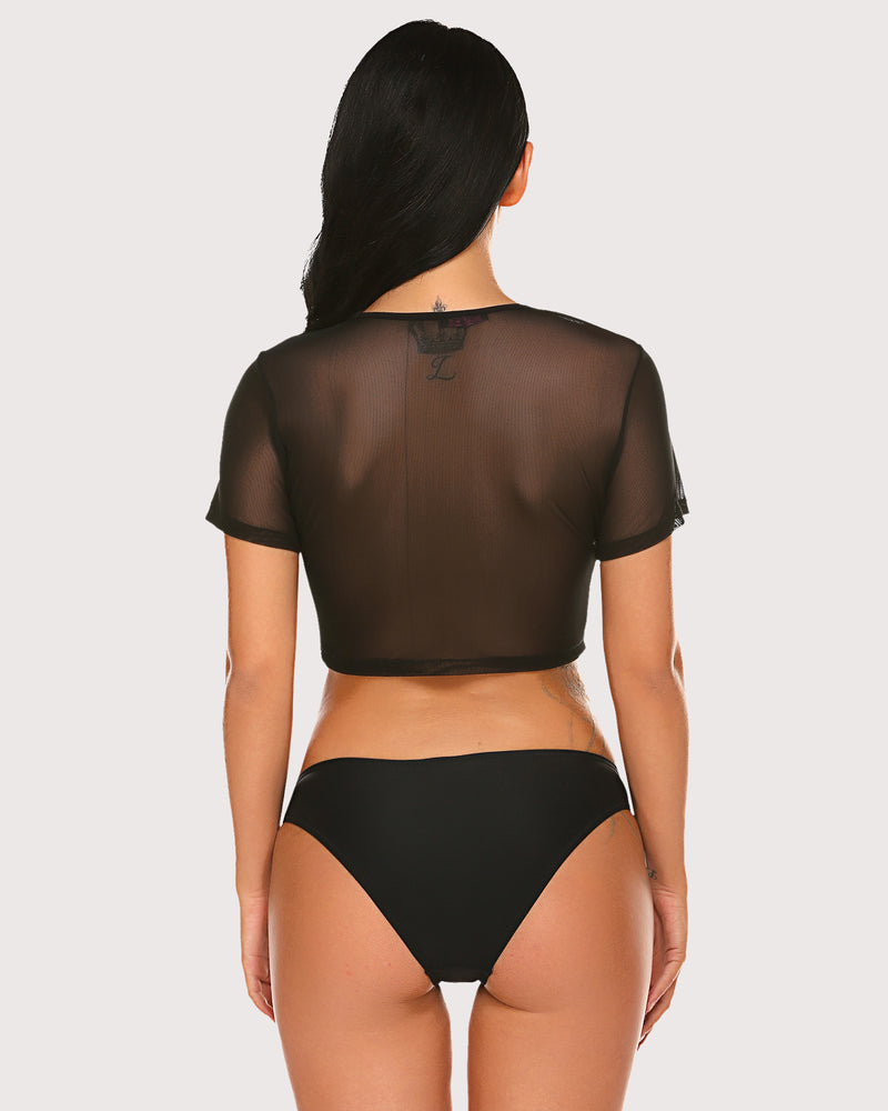 Black mesh crop top and black bikini bottoms. Sexy, see-through lingerie from Avidlove.