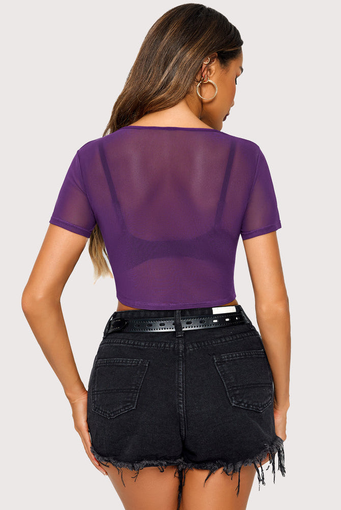 Purple mesh crop top and black shorts. See-through design. Sexy lingerie for women. Avidlove.