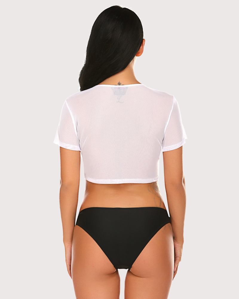 See-through white mesh crop top with black bikini bottoms, sexy lingerie. Avidlove's design.