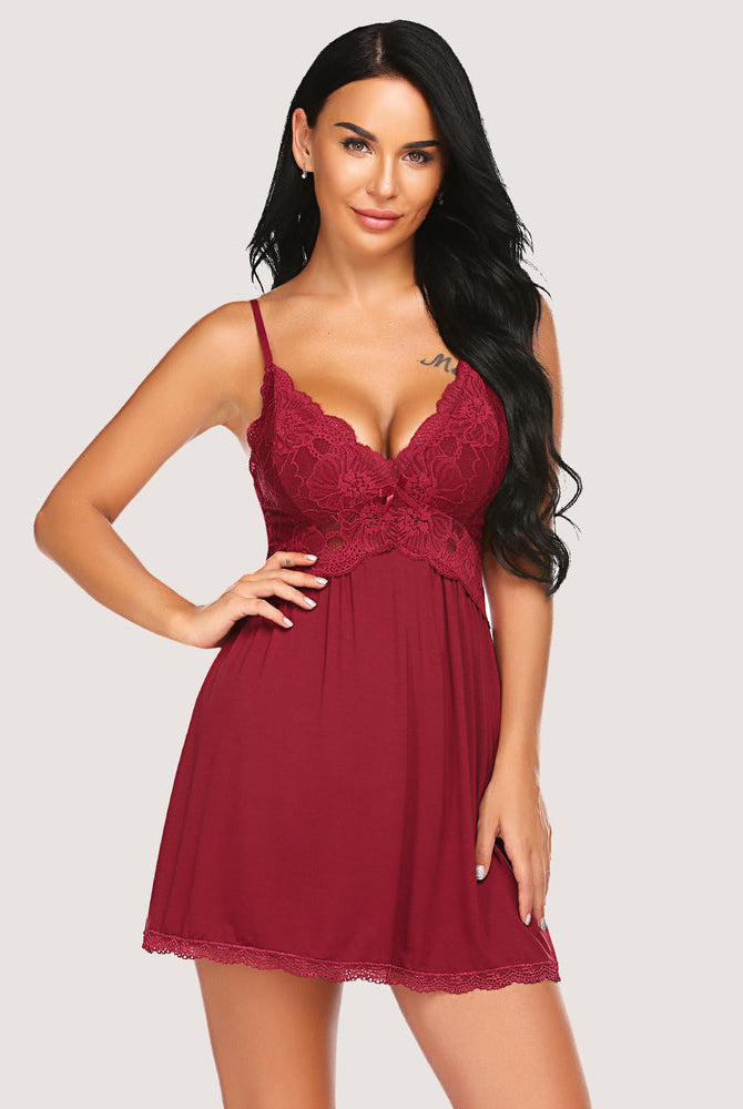 Burgundy lace modal V-neck sleep dress, featuring adjustable straps and soft, comfortable fabric.