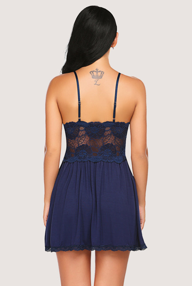 Navy blue modal sleep dress with lace detail and adjustable straps, comfortable lingerie