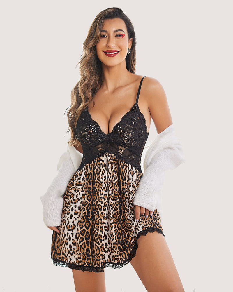 Avidlove leopard print babydoll slip dress with black lace bodice; sensual lingerie for women