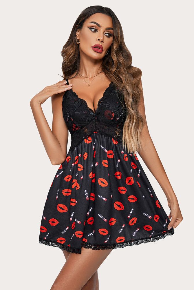 Avidlove Lips Lace Full Slip Sleep Dress, black slip dress with red lipstick print and lace details