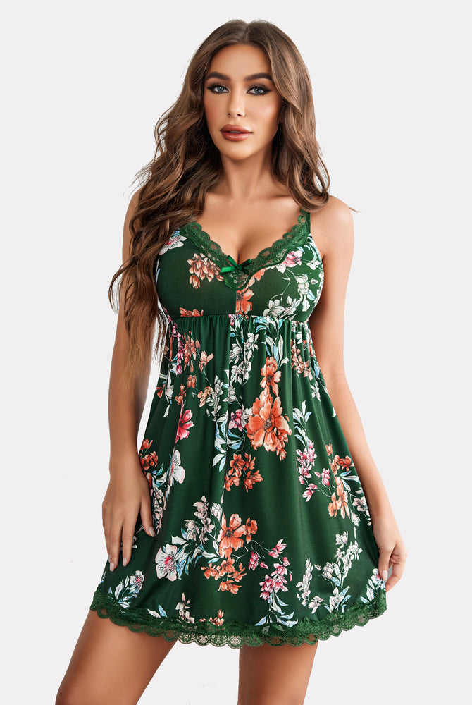Green floral lace nightgown, adjustable straps and lace trim, comfy Avidlove sleepwear.