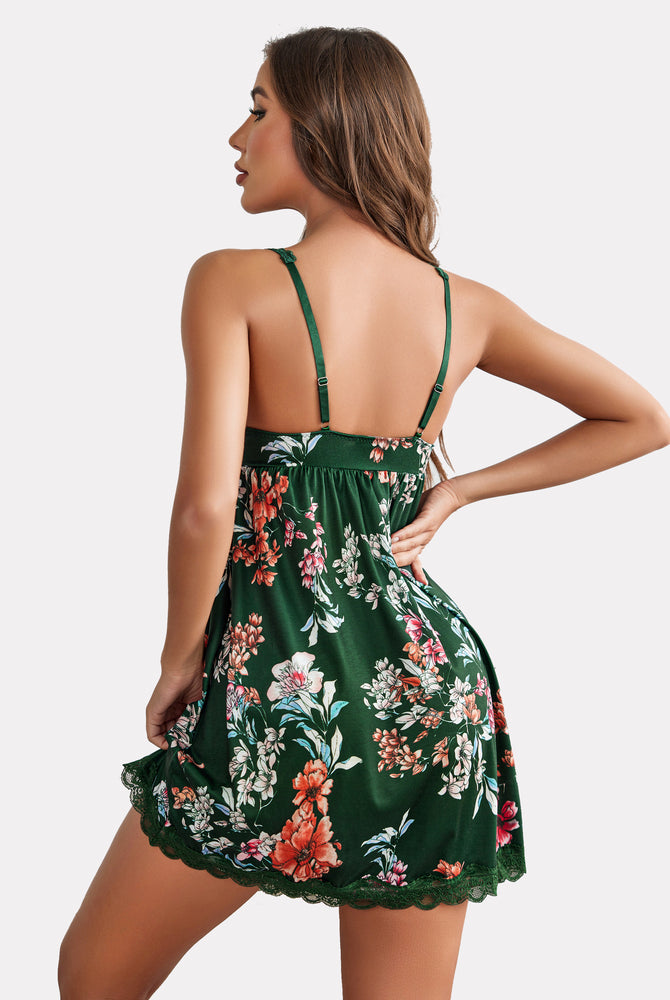 Green floral lace nightgown with adjustable straps and lace trim, comfy Avidlove sleepwear.