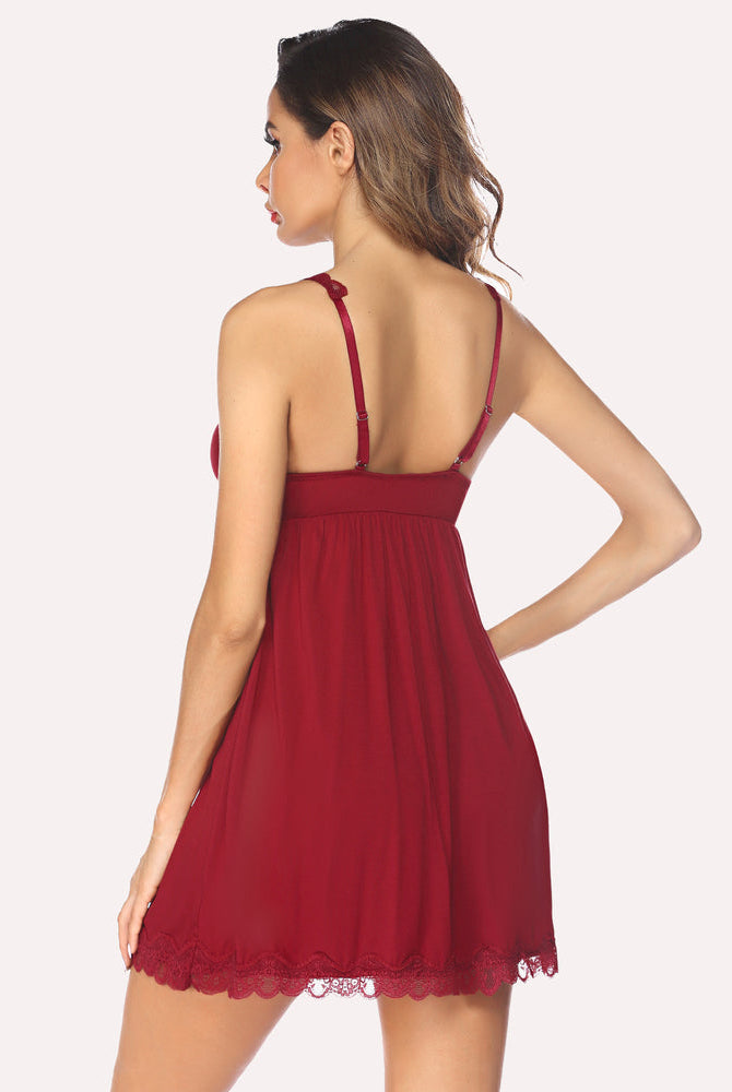 Burgundy lace nightgown with adjustable straps and lace trim, a sexy lingerie option