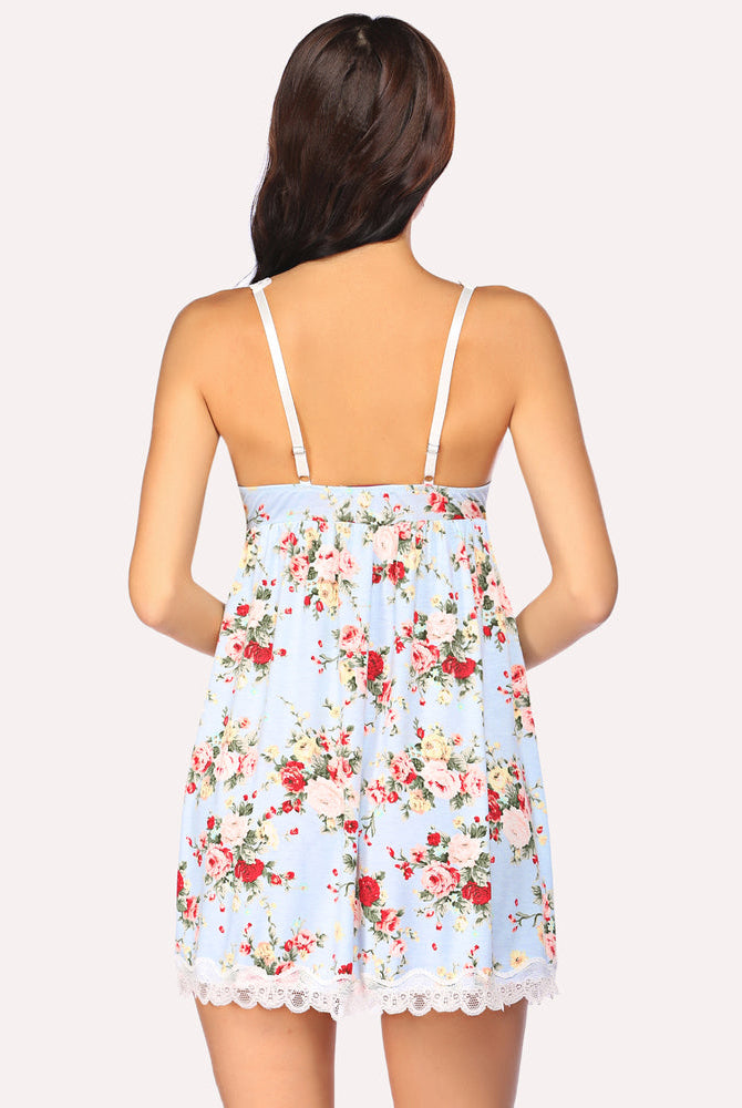 Blue floral lace nightgown with adjustable straps and lace trim by Avidlove, comfortable sleepwear.