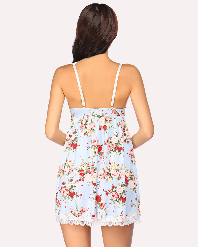 Blue floral lace nightgown with adjustable straps and lace trim by Avidlove, comfortable sleepwear.