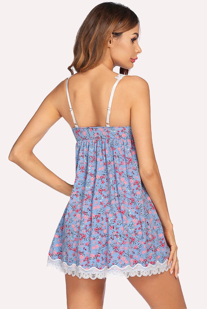Avidlove blue floral chemise full slip dress with lace trim and adjustable straps. Sexy lingerie.