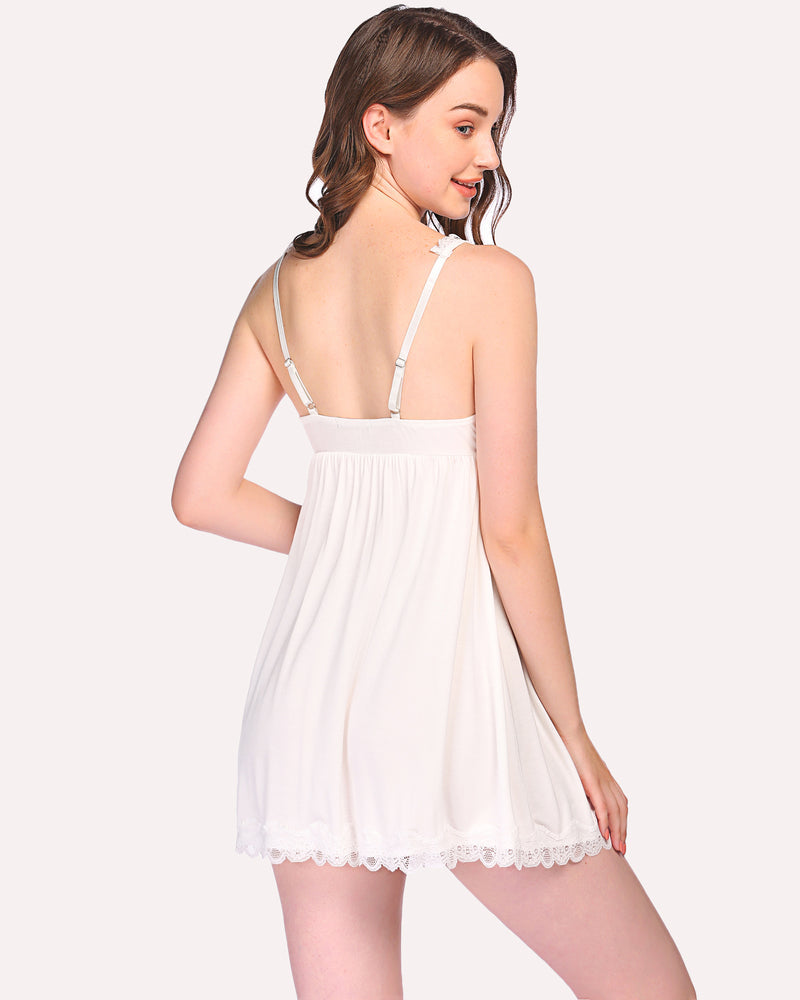 White Avidlove chemise full slip dress with lace trim and adjustable straps. Sexy lingerie.