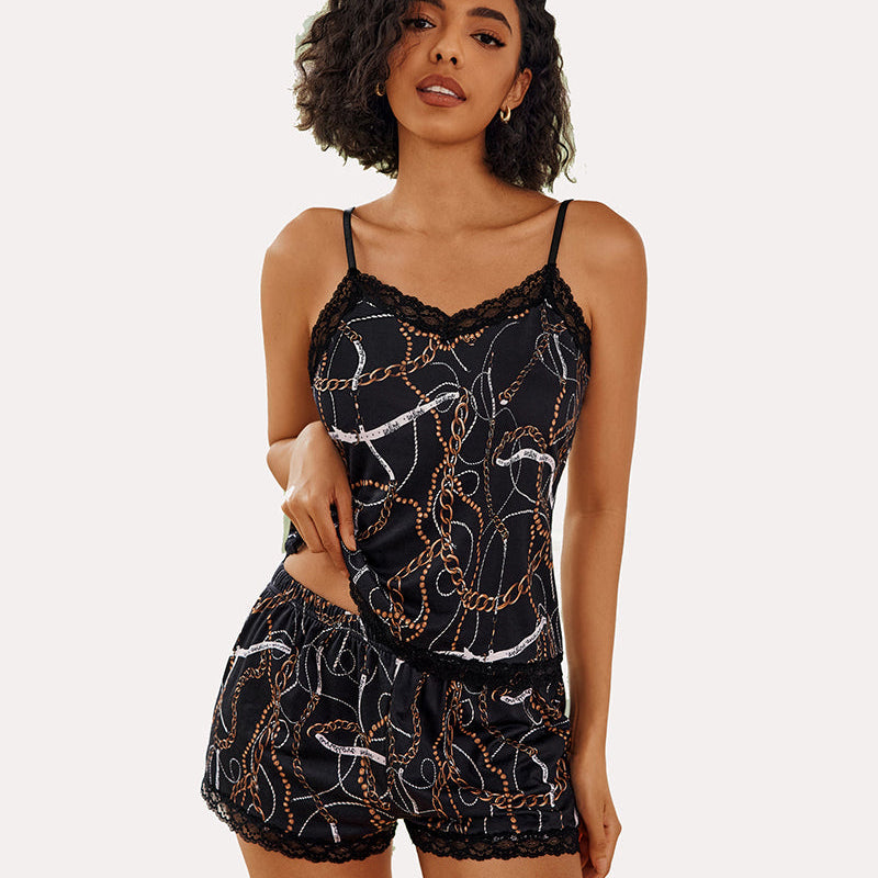 Black chain print cami pajama set with lace trim, comfortable sleepwear for women.