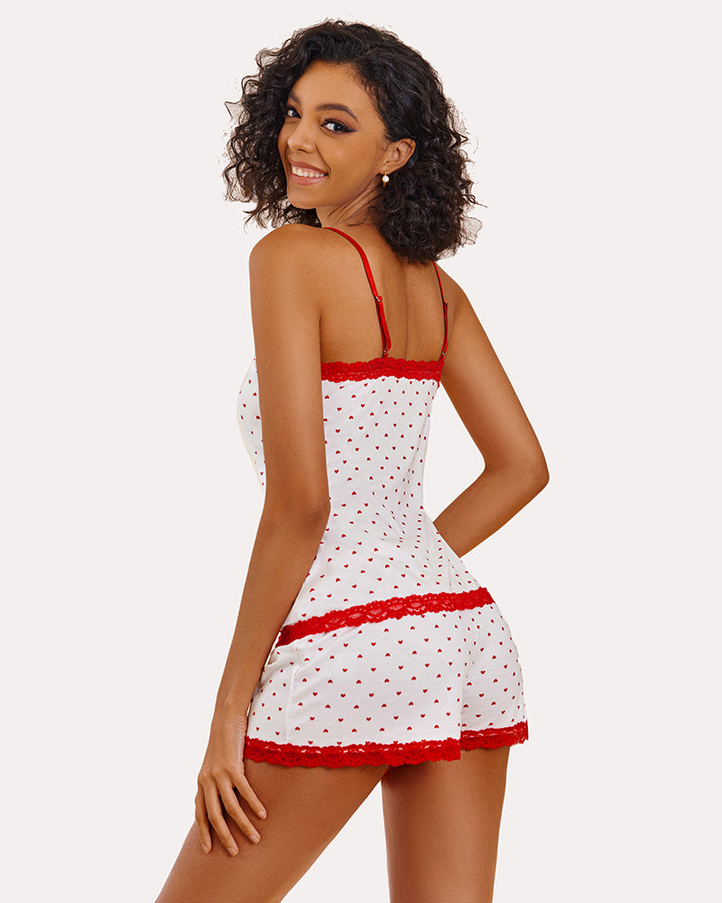 Avidlove white heart print cami pajama set with red lace trim. Comfortable and stylish sleepwear.