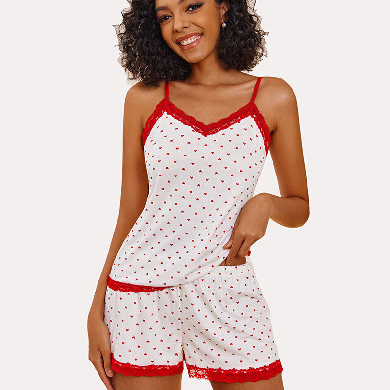 Avidlove heart print cami pajama set with red lace trim. Comfortable sleepwear for women.