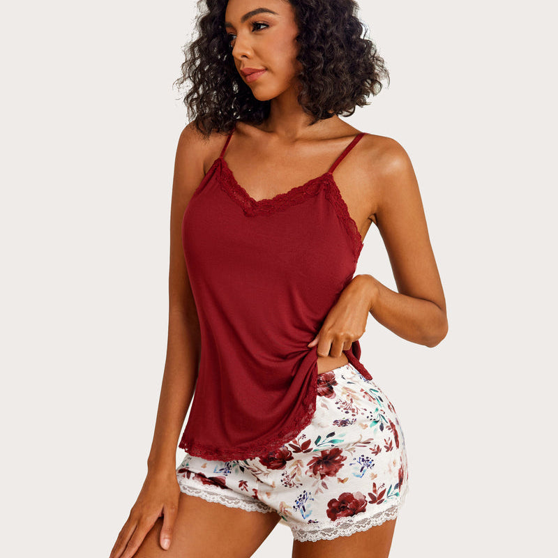 Burgundy cami pajama set with floral print shorts and lace trim. Comfortable sleepwear for women.