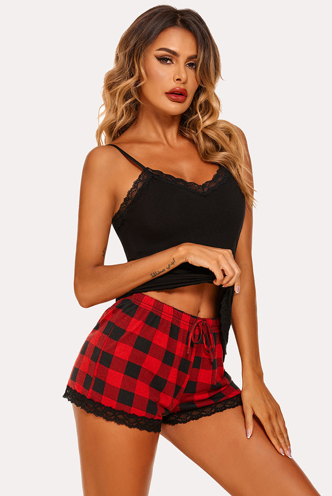 Black cami pajama set with red plaid shorts and lace trim. Comfortable Avidlove sleepwear for women.