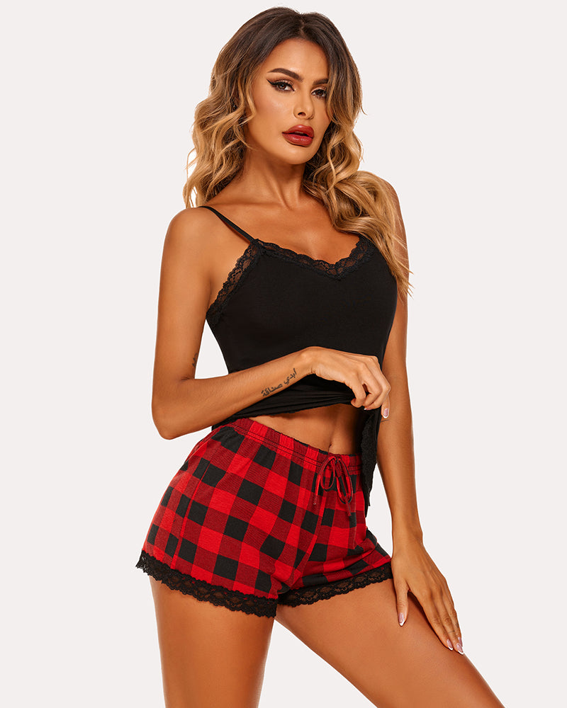 Black cami pajama set with red plaid shorts and lace trim. Comfortable Avidlove sleepwear for women.