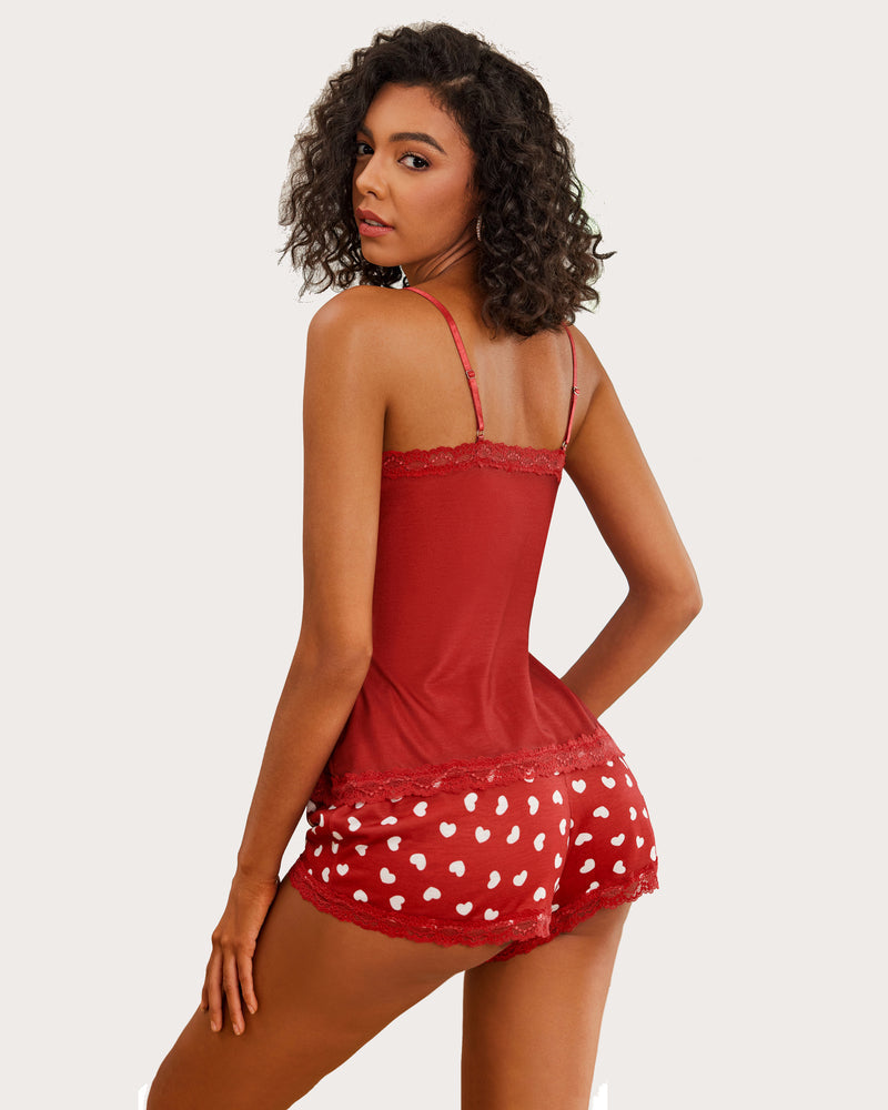 Red Cami Lace Trim Short PJ Set with white heart print. Comfortable lingerie for cozy nights.