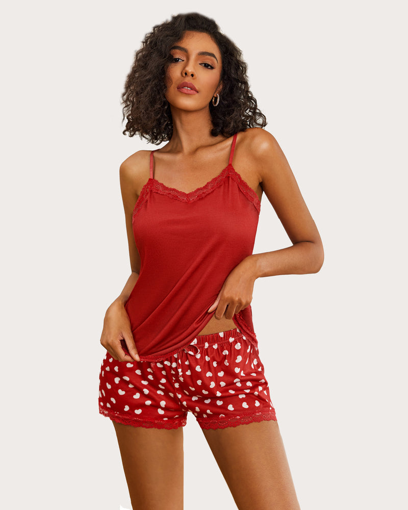Burgundy cami pajama set with white heart print shorts and lace trim by Avidlove.