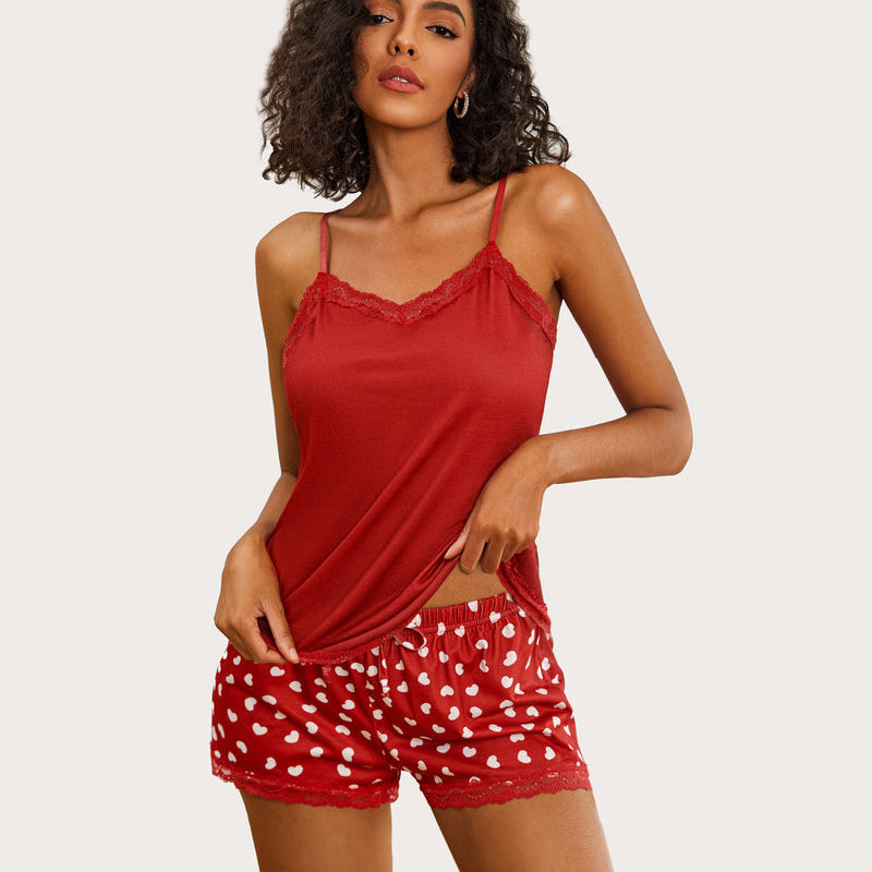 Heart print cami pajama set with red lace trim. Comfortable and sexy sleepwear for women.