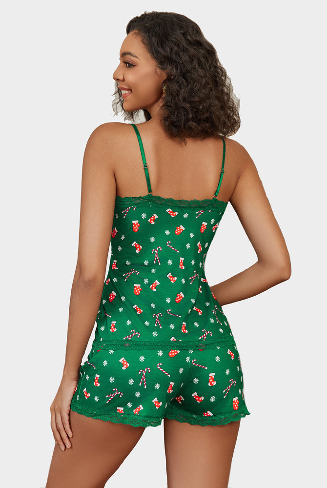 Green Christmas cami lace trim short PJ set featuring Christmas stockings and candy canes.