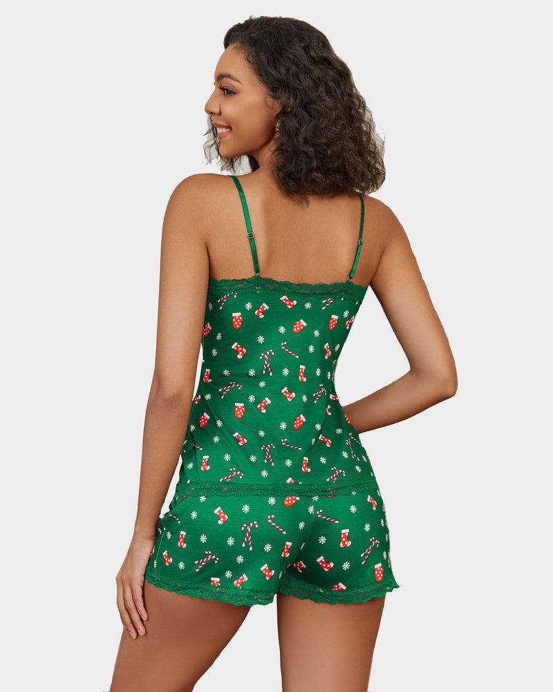 Green Christmas cami lace trim short PJ set featuring Christmas stockings and candy canes.