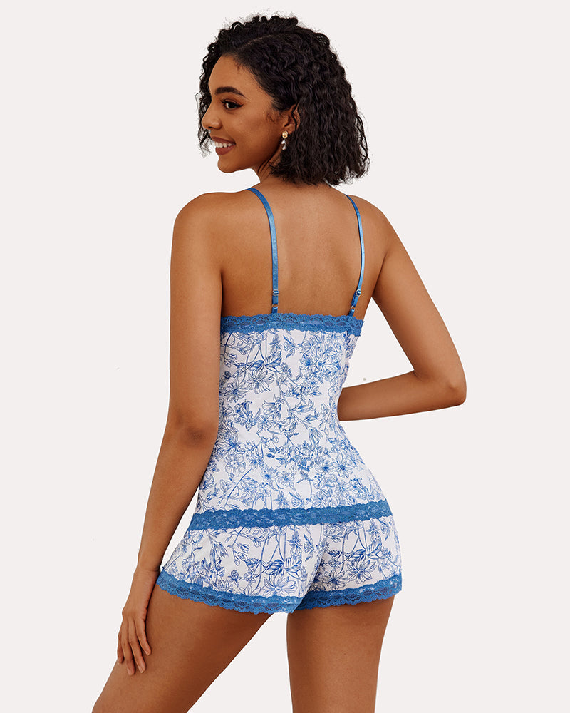 Avidlove Floral Cami Pajama Set in blue, with lace trim. Comfortable sleepwear for women.