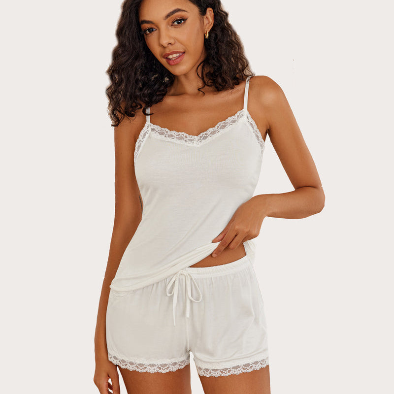 White cami pajama set with lace trim. Women's comfortable sleepwear.