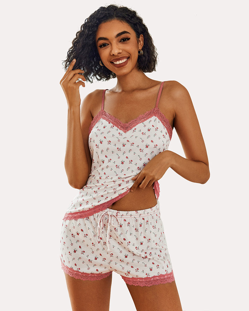 Avidlove Floral Pajama Set: White, pink floral, lace trim. Comfortable women's sleepwear.