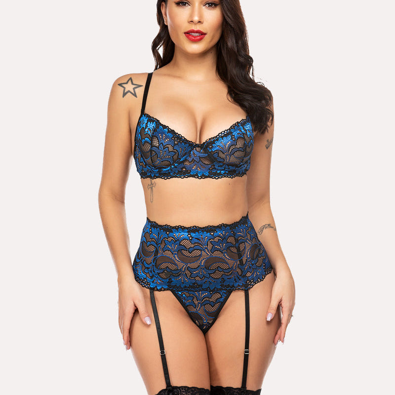Lace lingerie set, blue and black, with garter belt. Perfect for romantic nights and confidence.