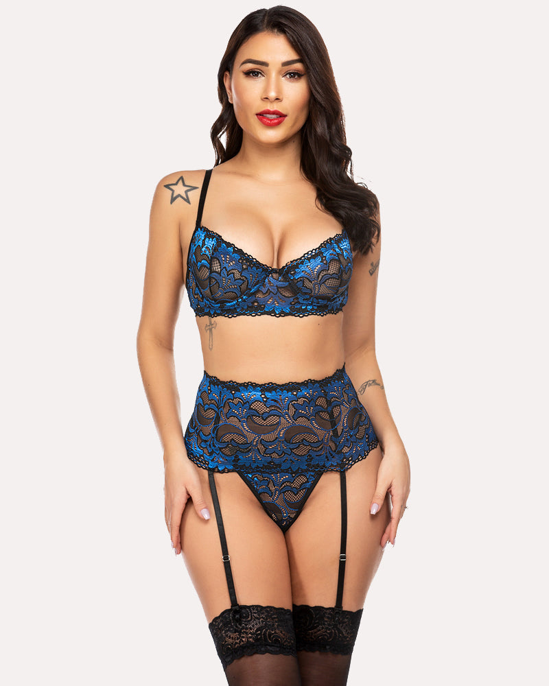 Lace lingerie set, blue and black, with garter belt. Perfect for romantic nights and confidence.