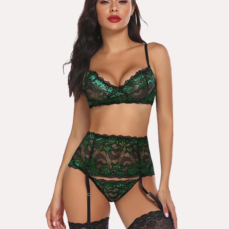 Green and black lace lingerie set with garter belt. Romantic and confident lingerie for women