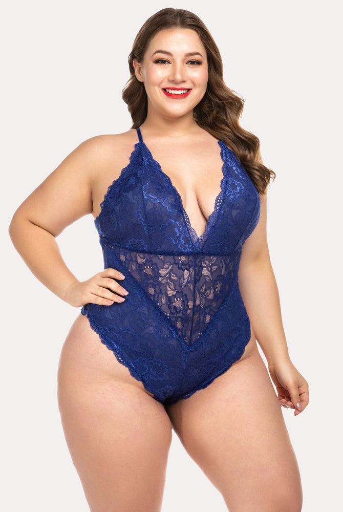 Avidlove navy lace bodysuit with deep V-neck and adjustable straps, plus size lingerie