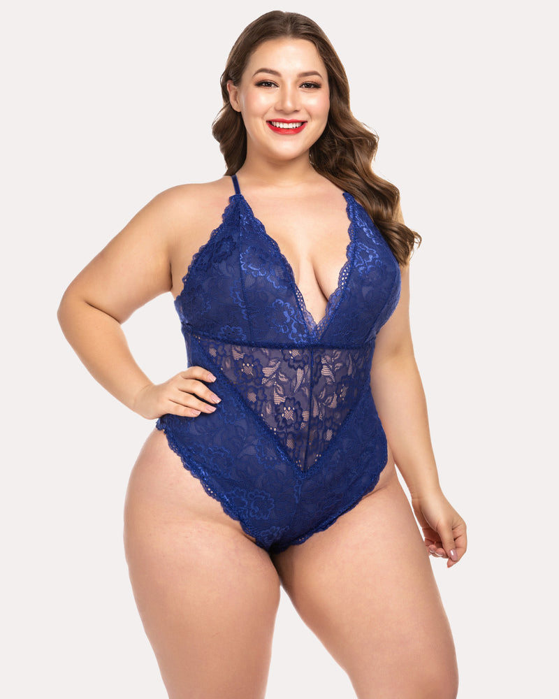 Blue plus size lace bodysuit with deep V-neck and snap crotch, comfortable fit, Avidlove lingerie
